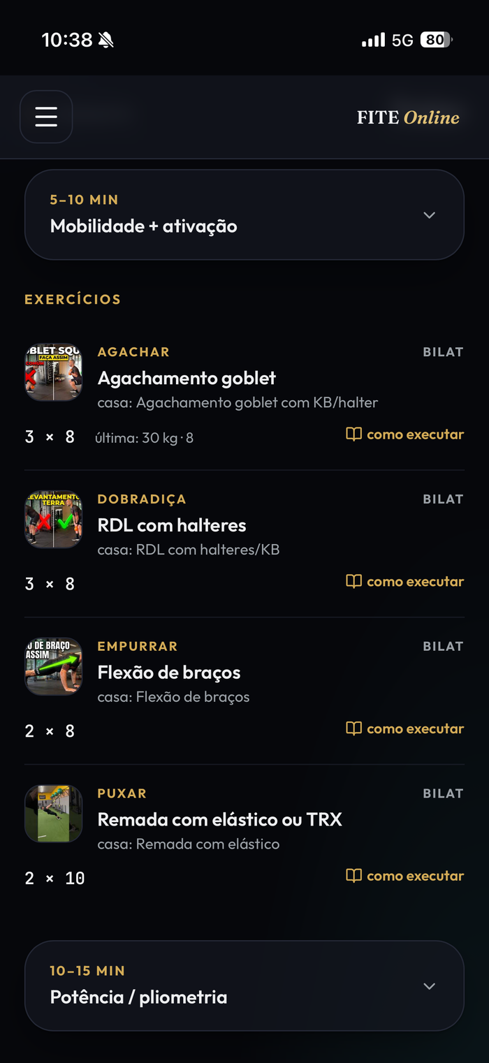 Tela do app com a sessão do dia e os exercícios